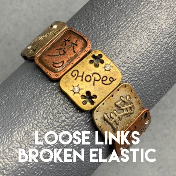 Vintage Jewelry - Retro Asian Symbols Stretch Bracelet 8 In AS IS LINKS ONLY Faith Hope Life Laugh